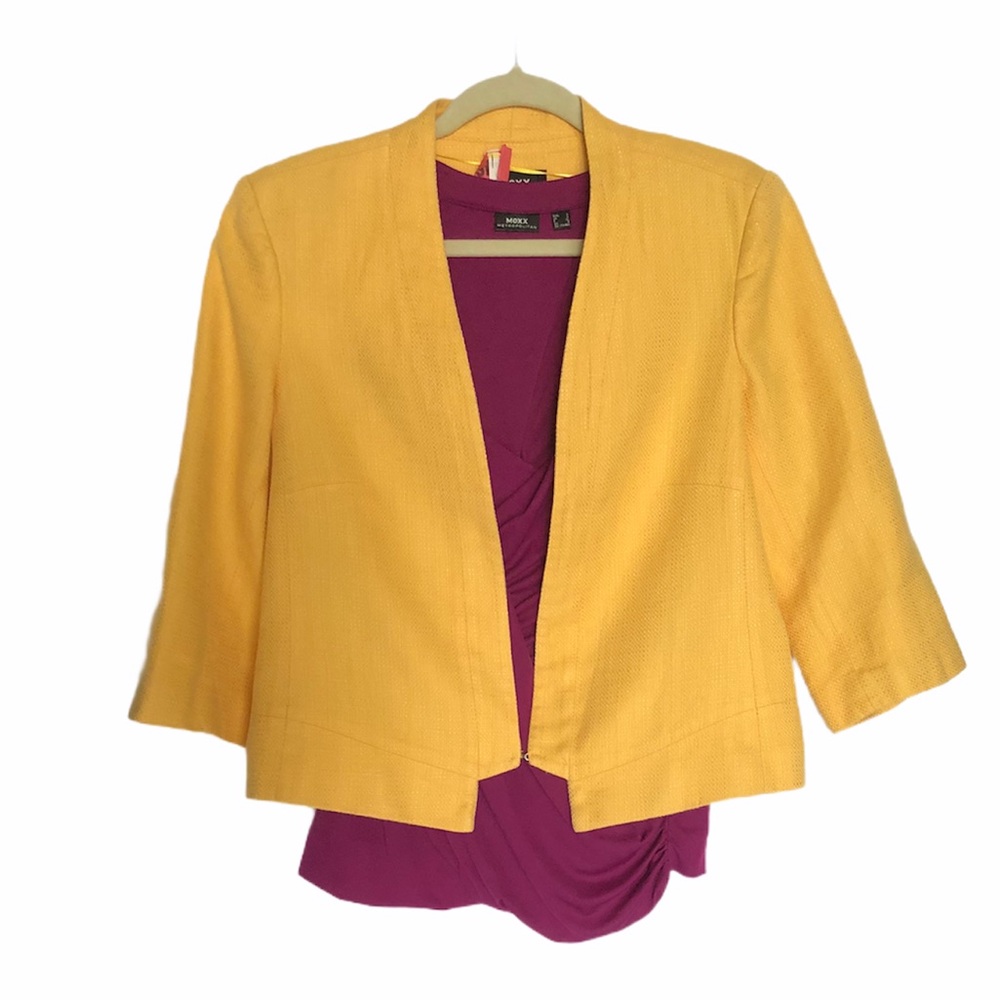 Mexx Yellow Linen Cotton Blend Blazer Fitted Suit Jacket Size 10 3/4 Sleves